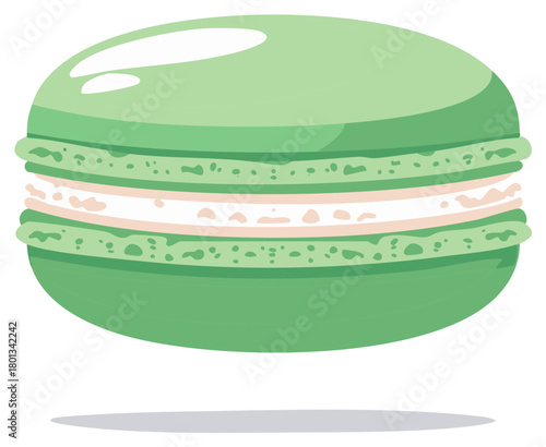 Green macaron illustration, with light cream filling and shadow, isolated food graphic.