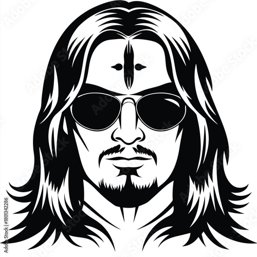 A man with long flowing hair wears sunglasses in this stylized portrait