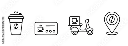 Modern line art vector icons depicting essential coffee shop services, including takeaway cups, customer loyalty cards, efficient scooter delivery, and precise coffee bean location pins