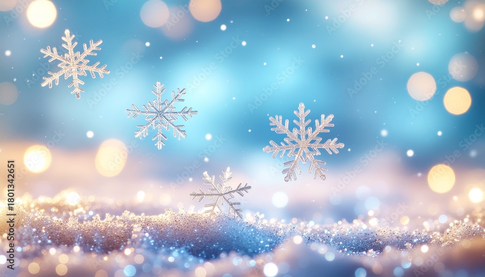 Naklejka premium 雪の結晶と青いキラキラ光るクリスマス背景