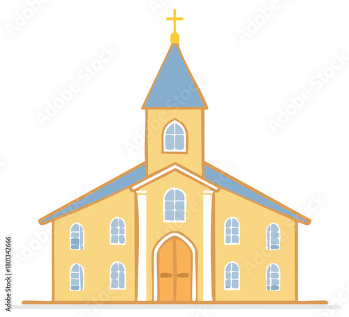 Simple Hand Drawn Illustration of a Yellow Christian Church with Steeple and Cross