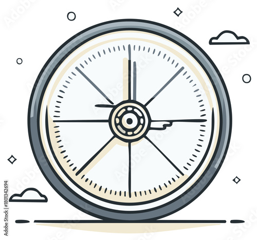 Playful hand drawn cartoon wheel illustration with spokes and hub