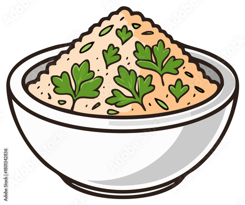 Hand-drawn cartoon bowl filled with savory rice and fresh green parsley sprigs, simple food illustration
