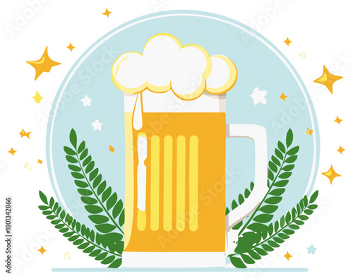 Foamy beer mug with green hops and golden stars illustration in a light blue circular frame