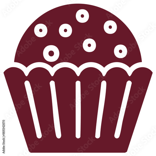 Stylized cupcake icon with white dots on a deep red background