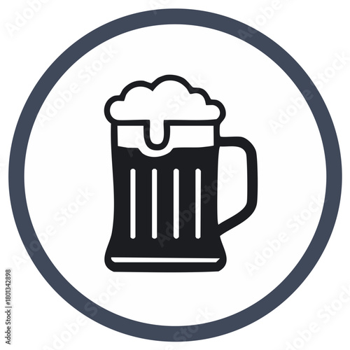Stylized Beer Mug Icon with Froth in Circular Frame Depicting Drink Beverage Refreshment