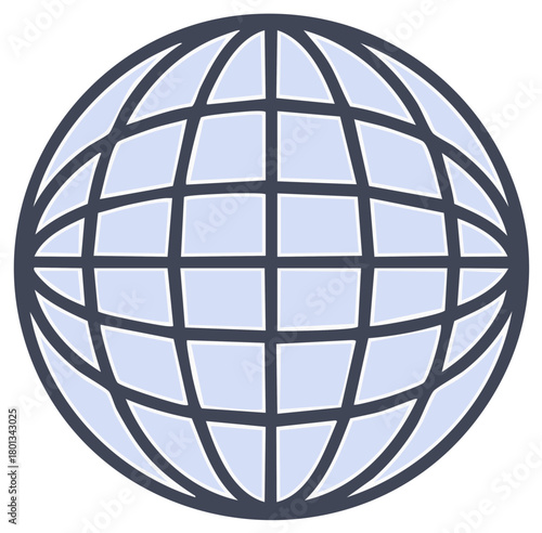 Simple blue globe icon showing a grid of latitude and longitude lines. A vector symbol for world and internet.