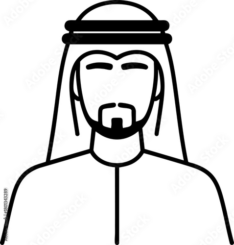 Arab Man Wearing Traditional Headscarf Line Icon Isolated on White Background – Vector Cultural Symbol, Middle Eastern Person, Nationality Concept