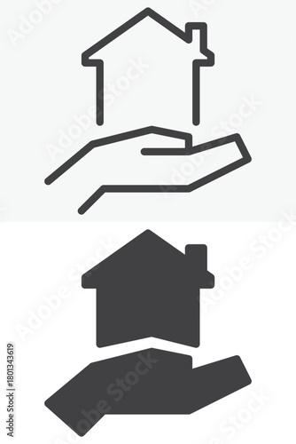 Hand holding house line and solid vector icon set