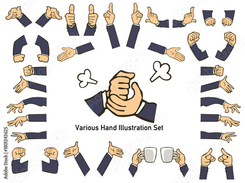 さまざまな手のイラストレーションセット。ビジネスマンのスーツ。ガッツポーズ、指差し、サムズアップなど。白背景にベクターイラスト。
