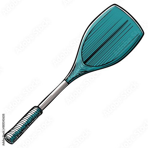 Vintage Turquoise Tennis Racquet with Striped Grip and Detailed Stringing