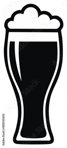 Simple black and white silhouette of a tall beer glass with a frothy head of foam vector icon
