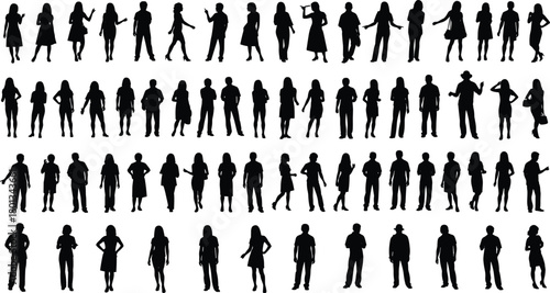 Silhouette, people, posture, standing, walking, fashion, gesture, crowd, black, icon, character, pose, style, urban, casual, vector, design, model, illustration, graphic
