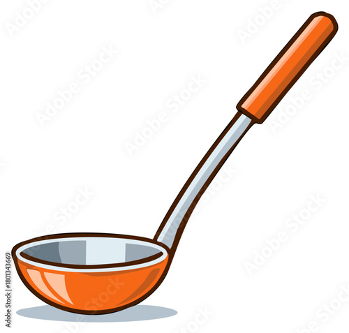 Bright orange soup ladle with a silver neck and orange handle isolated on white