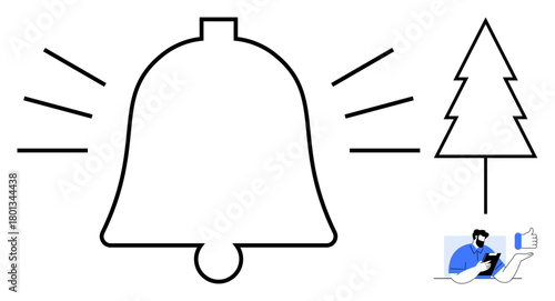 Bell with lines indicating sound, simple tree outline, and person using a device. Ideal for notifications, communication, technology, updates, reminders nature and user interaction. Simple flat