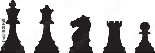 Black silhouettes of five chess pieces including king queen knight rook and pawn Keywords: chess, chess pieces, king, queen, knight, rook, pawn, strategy, game, board game, on transparent background
