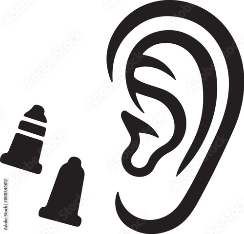 Black Silhouette of Human Ear and Two Earplugs Isolated on White Background hearing protection sound on transparent background