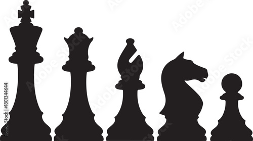 Black silhouettes of five chess pieces lined up on a white background game strategy on transparent background