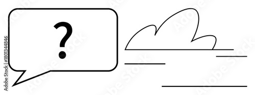Black outlined speech bubble with question mark and minimalist cloud shapes, suggesting curiosity, brainstorming, problem-solving, communication, innovation, creative thinking, learning. Ideal