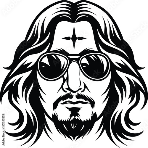 Artistic rendering showcases a man wearing sunglasses and boasting a long, wavy hairstyle