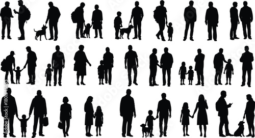 Silhouette, people, walking, family, children, interaction, dog, urban, lifestyle, community, bonding, diversity, togetherness, motion, relationship, black, figures, group