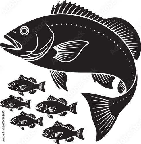 Bass fish emblem large silhouette with small schooling fish icons stencil artwork vector isolated element