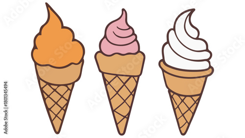 three ice cream cones with different colors and shapes orange pink and white 