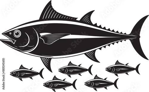 Black and white silhouette of big tuna fish and small school fish emblems for fishing sports design vector