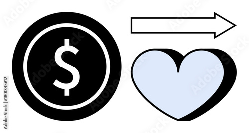 Coin with dollar sign next to an arrow pointing towards a heart, symbolizing charity, donation, or financial assistance. Ideal for fundraising, giving, love, philanthropy, altruism finance