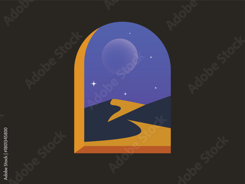 Minimalist moroccan scene, windows in a view of the desert during the night