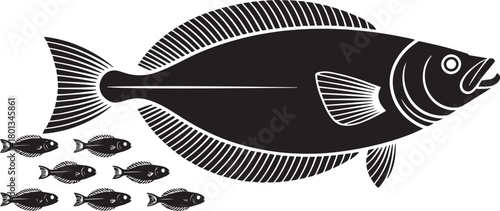Black and white vector illustration of flounder fish with small fish silhouettes swimming below