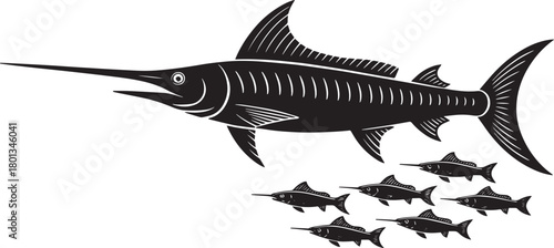 Black silhouette of sailfish with small school of fry on transparent background