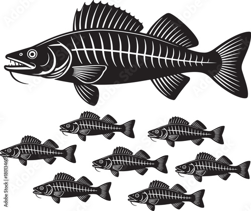 Black silhouette of perch fish with visible skeleton and small school of fry on transparent background