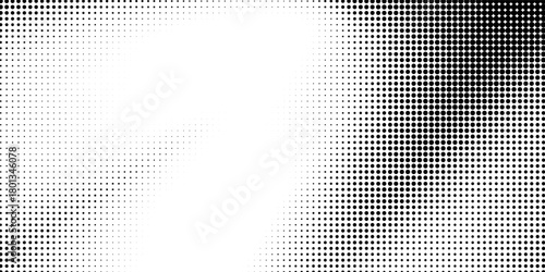 Dotted halftone texture background. Black and white pop art gradient overlay. Fading grunge gritty noise wallpaper. Weathered pixelated comic backdrop. Vector bitmap subtle vanishing surface