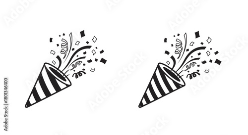 Two hand drawn party poppers exploding with confetti and streamers isolated