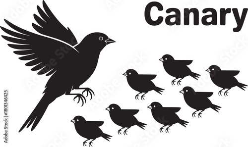 Cute canary bird standing on ground with small group of same species vector illustration artwork design