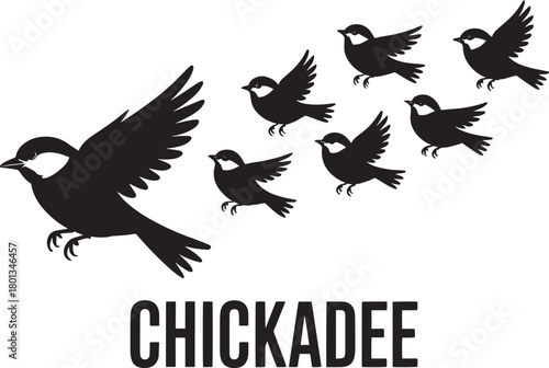 Chickadee bird silhouette vector graphic illustration with group of small flying birds and typography
