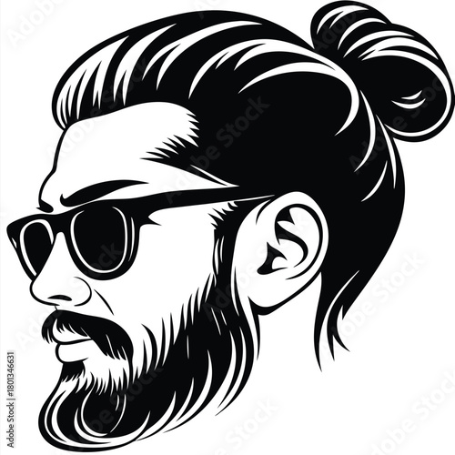 Bearded man with a top knot and sunglasses looks to the left