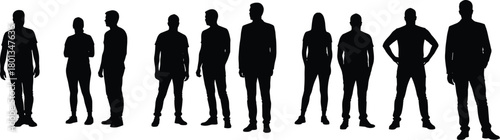 Silhouettes of diverse people, standing in row, anonymous figures, body types, posture, unity, diversity, digital render, concept