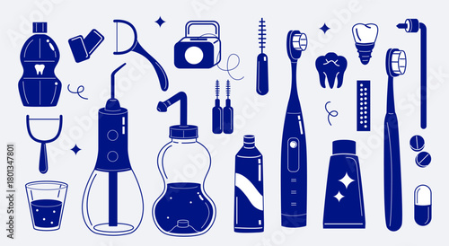 dental hygiene tools and oral care products. Electric toothbrushes, floss, irrigators, toothpaste, interdental brushes, implants, pills, and accessories in clean blueprint style.