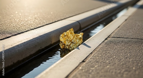 Fototapeta Naklejka Na Ścianę i Meble -  A close-up view of a crumpled piece of yellowish paper resting on a narrow drainage channel on a paved street surface during daytime