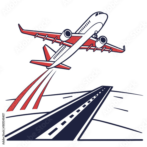 Illustration of a commercial airplane taking off from a runway, with red stripes indicating motion, isolated on the airplane is white with red stripes