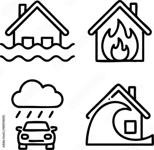 Natural Disaster and Insurance Risk Prevention Icons Isolated on White Background – Flood, Fire, Storm, and Wave Hazard Vector Illustration Set