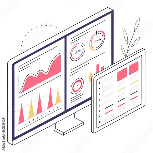 Illustration of two computer monitors displaying data and graphs, isolated on the monitors are white with red and yellow accents