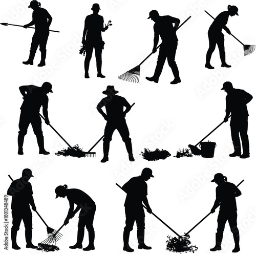 Silhouettes of people gardening, yard work activities, raking leaves, holding flowers, outdoor maintenance, garden tools, seasonal cleanup, teamwork