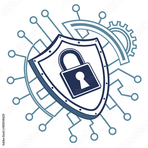 Illustration of a shield with a padlock inside, surrounded by digital circuit elements, representing cybersecurity and data protection in a technological context