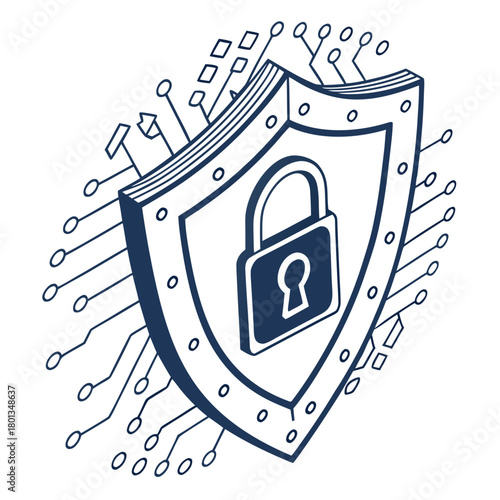 Cybersecurity shield isometric vector illustration, firewall security technology, data protection, antivirus, secure data transfer isolated on