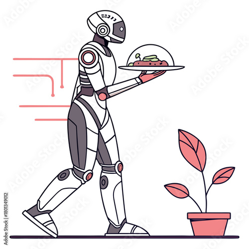 A sleek robot waiter is shown carrying a covered dish, blending technology with hospitality, set against a minimalist backdrop with a potted plant isolated on
