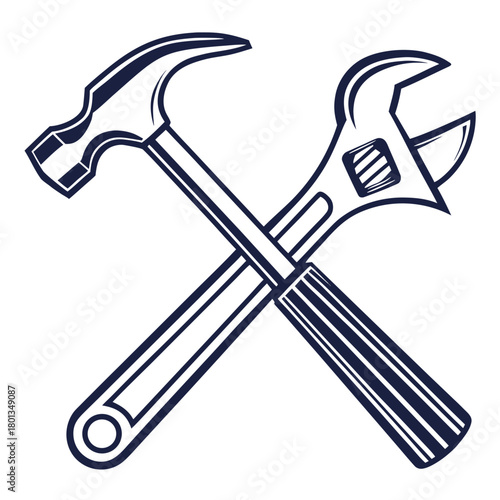 Illustration of crossed hammer and wrench, isolated on, symbolizing repair, construction, and craftsmanship in a simple design