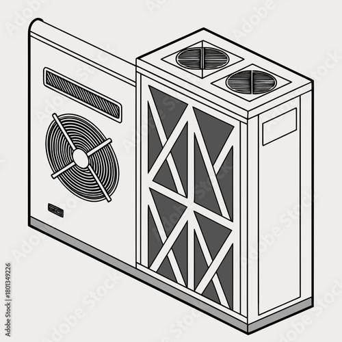 Illustration of an outdoor hvac unit with a protective filter, showcasing its design and function isolated on air conditioning and ventilation concept